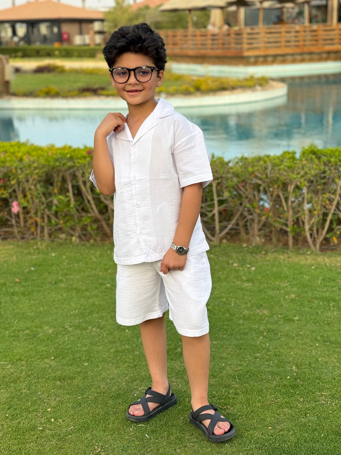 Boys Linen Shirt & Short - L 1 WHITE