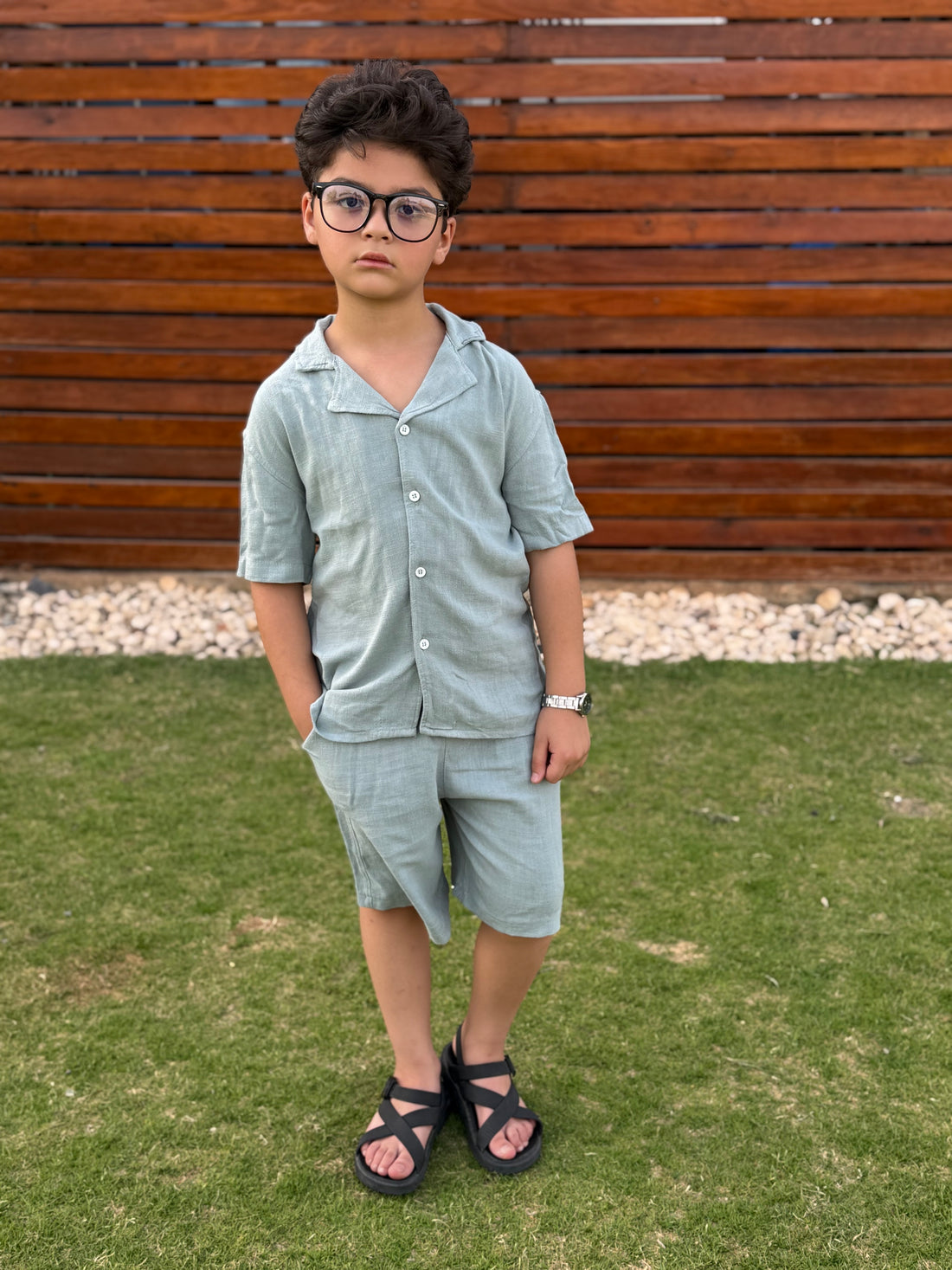 Boys Linen Shirt & Short - L Mint