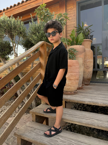 Boys Linen Shirt & Short - L 8 Black
