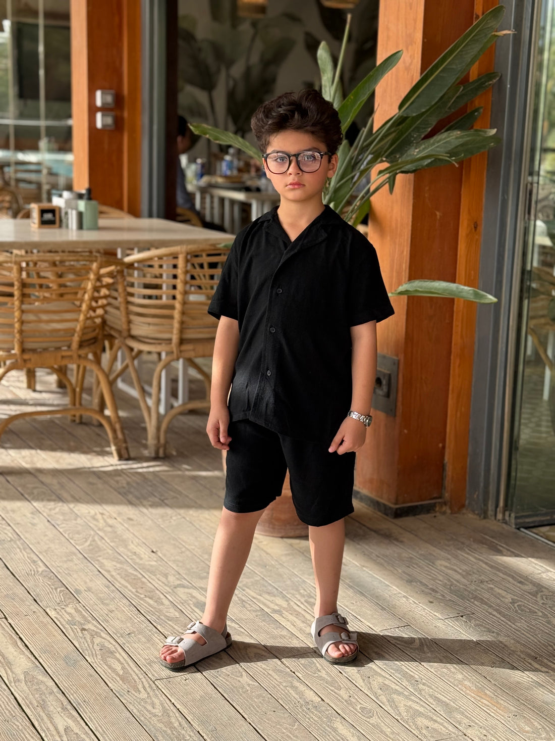 Boys Linen Shirt & Short - L 8 Black