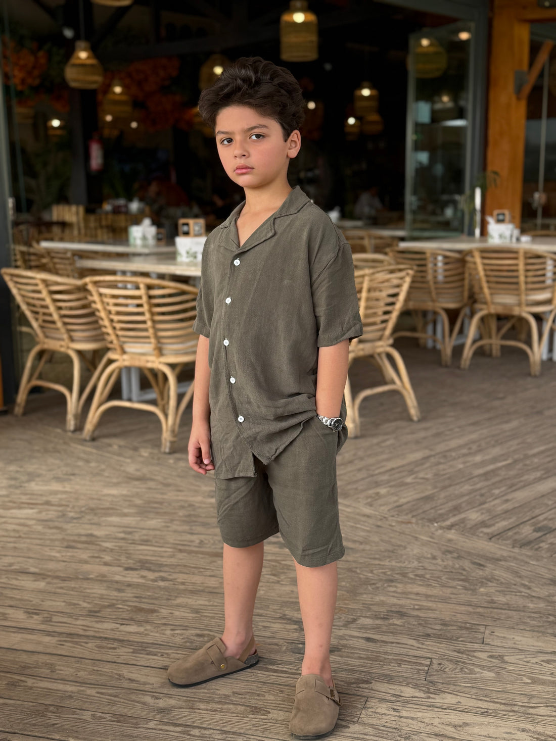Boys Linen Shirt & Short - L olive green