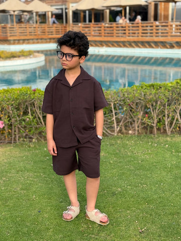 Boys Linen Shirt & Short - L 3 BROWN