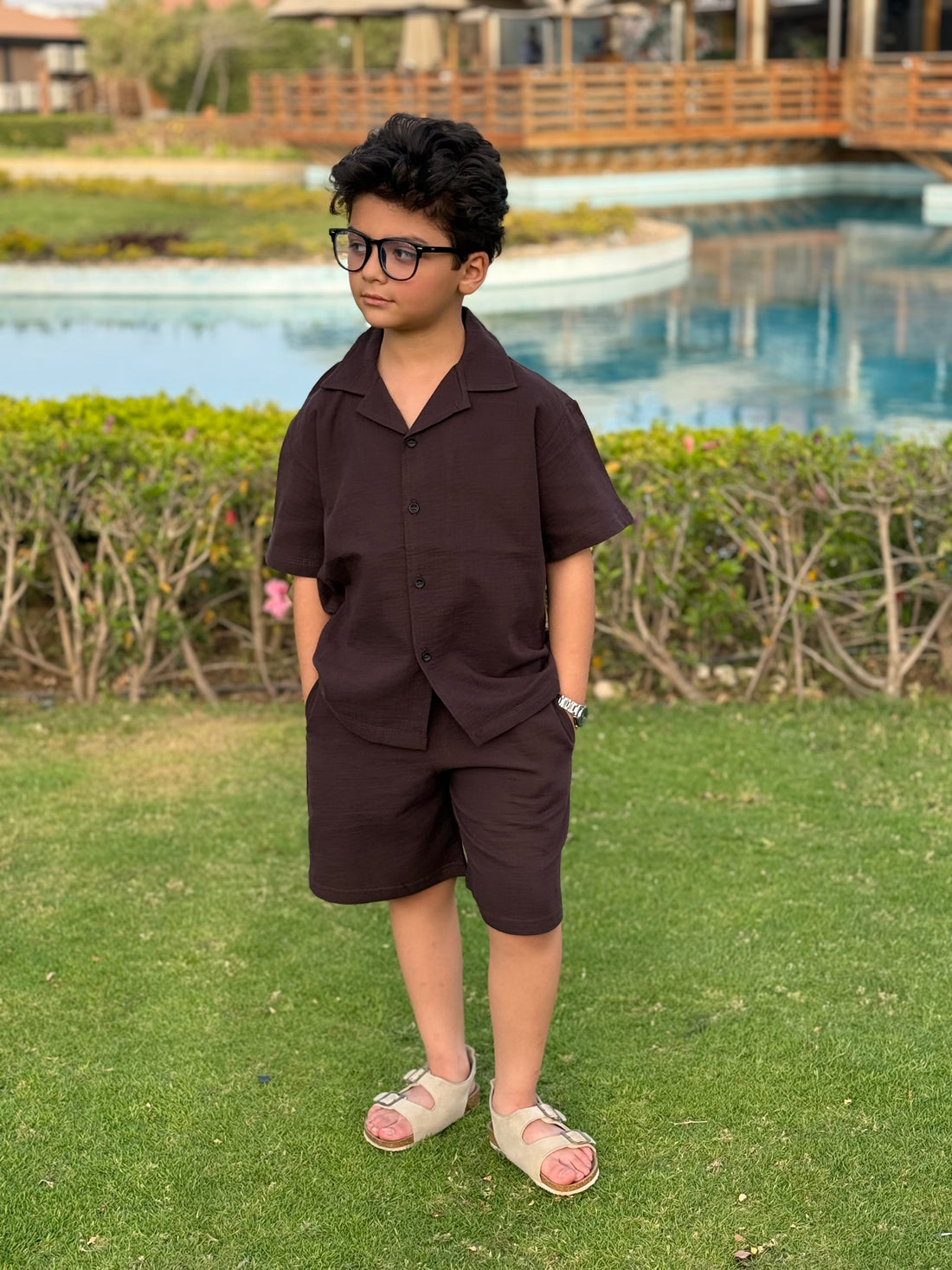 Boys Linen Shirt & Short - L 3 BROWN