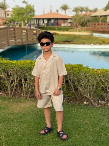 Boys Linen Shirt & Short - L 4 Beige