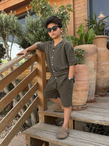 Boys Linen Shirt & Short - L olive green