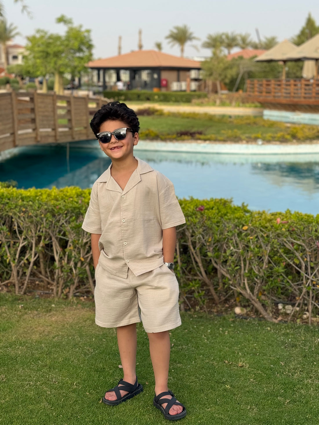 Boys Linen Shirt & Short - L 4 Beige