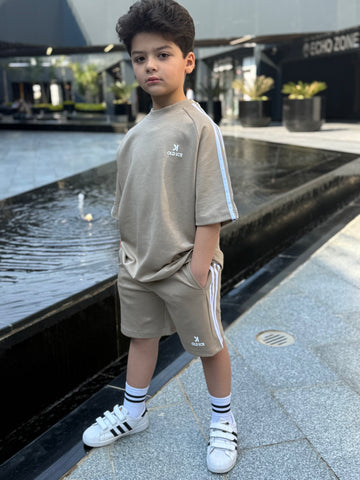 Striped 3 line Cotton Set - T-shirt & Short - Beige