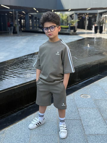 Striped 3 line Cotton Set - T-shirt & Short - Army