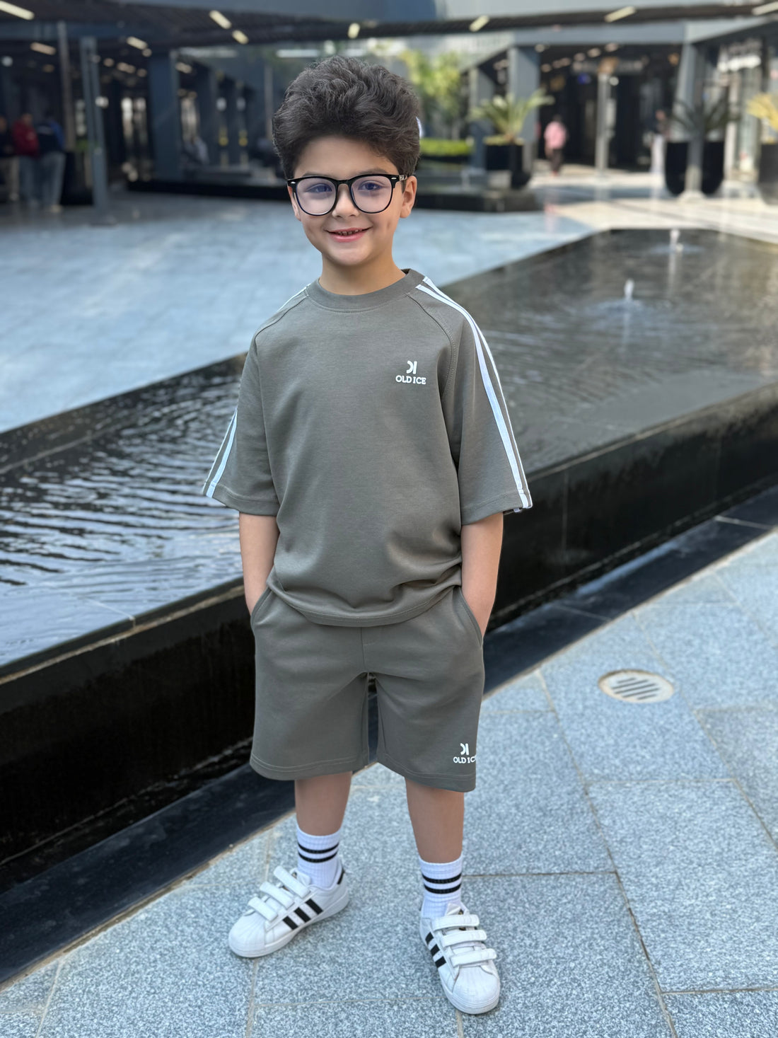 Striped 3 line Cotton Set - T-shirt & Short - Army