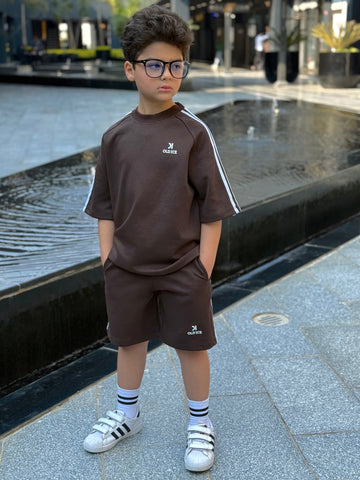 Striped 3 line Cotton Set - T-shirt & Short - Brown