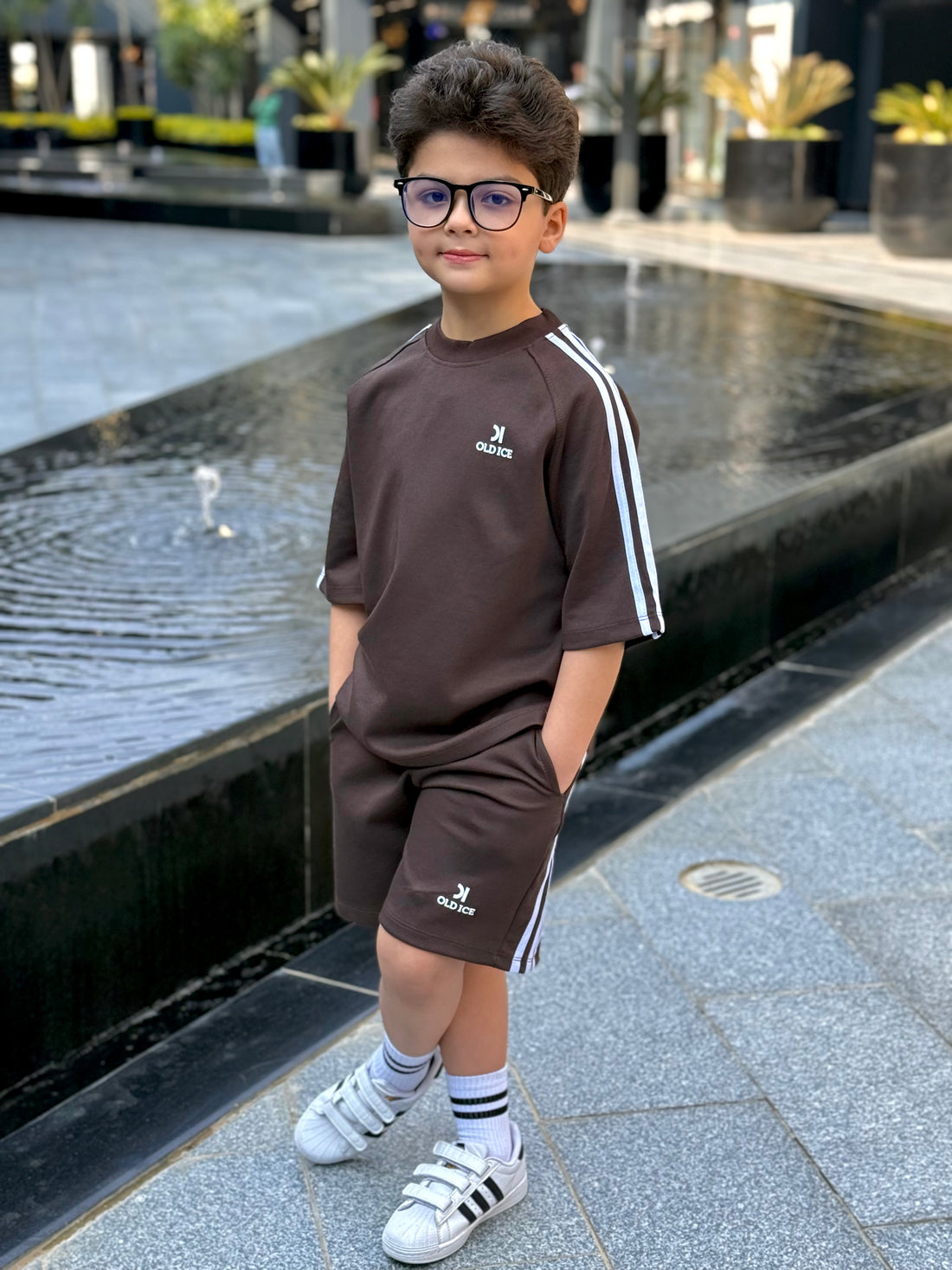 Striped 3 line Cotton Set - T-shirt & Short - Brown