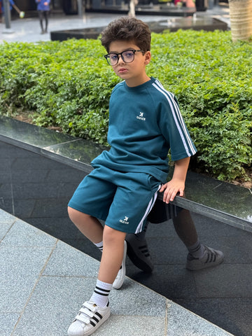 Striped 3 line Cotton Set - T-shirt & Short - Navy blue