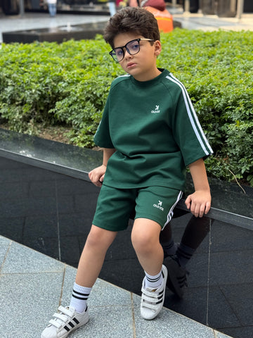 Striped 3 line Cotton Set - T-shirt & Short - green