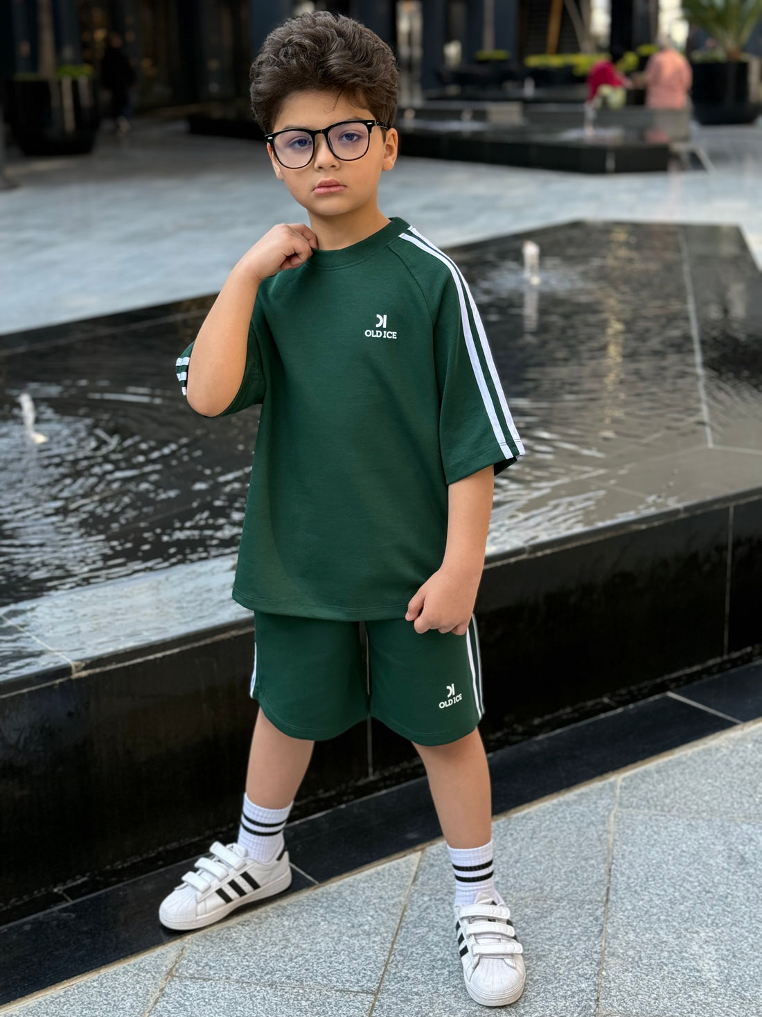 Striped 3 line Cotton Set - T-shirt & Short - green