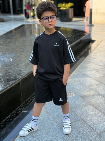 Striped 3 line Cotton Set - T-shirt & Short - Black