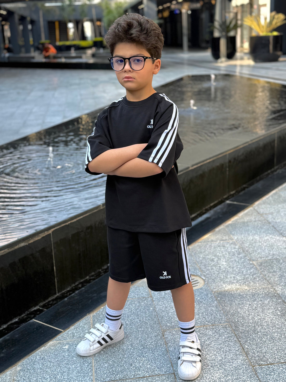 Striped 3 line Cotton Set - T-shirt & Short - Black